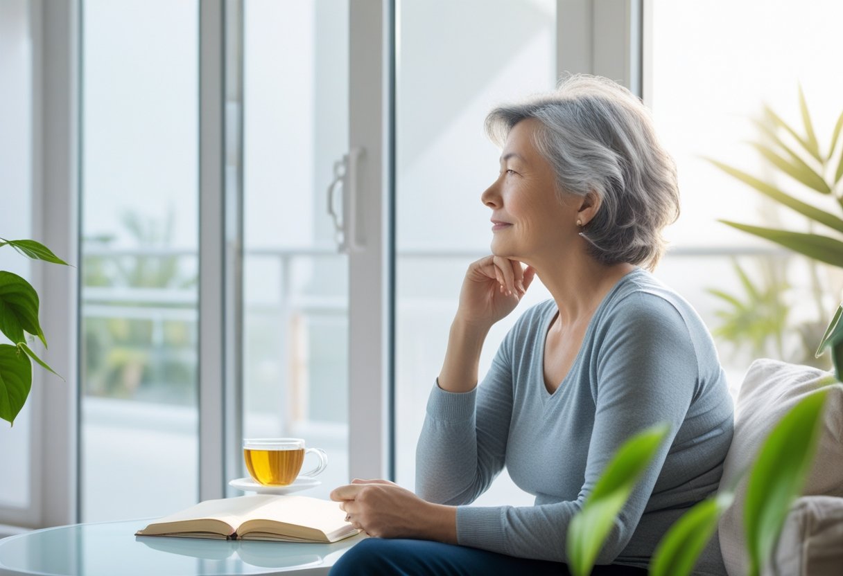 v2-10v8mr-zxt7m - Preventive Medicine Daily A middle-aged person sitting quietly by a window in a bright room, looking thoughtful and calm.