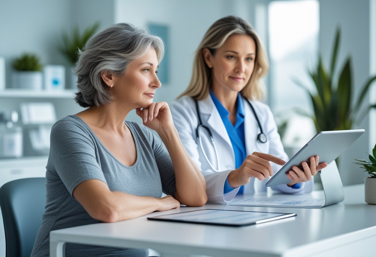 v2-10v8n5-nfqrb - Preventive Medicine Daily A middle-aged woman and a female doctor having a thoughtful conversation in a bright medical consultation room.