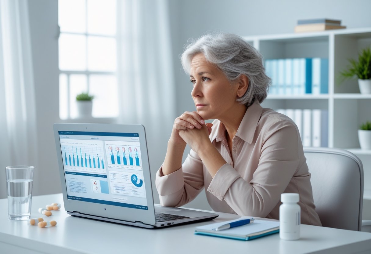 v2-10v8nm-m9uoa - Preventive Medicine Daily A middle-aged person sitting at a desk, looking thoughtfully at a laptop with medical charts, surrounded by health-related items in a bright room.