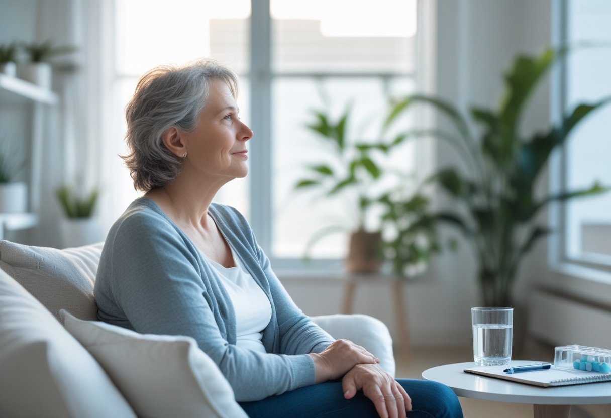 v2-10v8o2-ywnoh - Preventive Medicine Daily A middle-aged person sitting thoughtfully by a window in a bright living room with a glass of water and a notebook nearby.