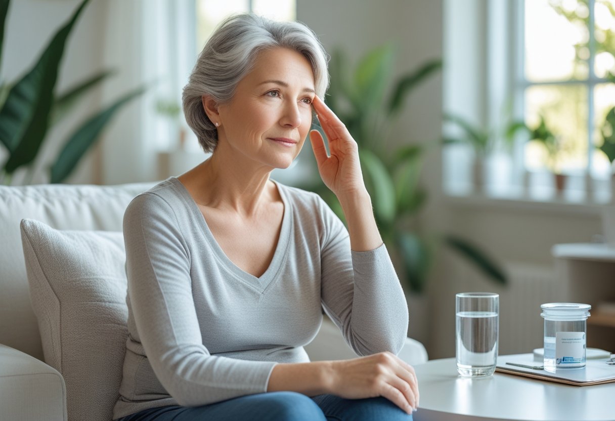 v2-10v8ok-udr0b - Preventive Medicine Daily A middle-aged woman sitting thoughtfully in a bright living room with natural light, touching her temple, with medical items on a nearby table.