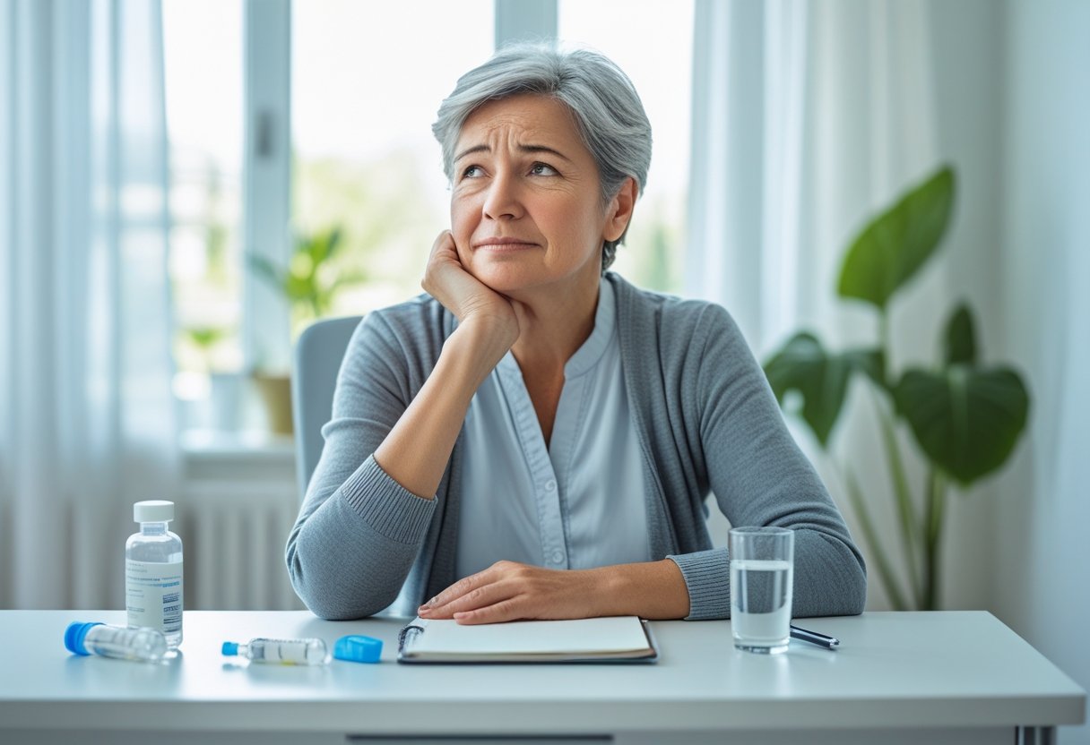v2-10v8p4-77ws4 - Preventive Medicine Daily A middle-aged person sitting thoughtfully at a desk with medical items, looking calm and reflective in a bright room.