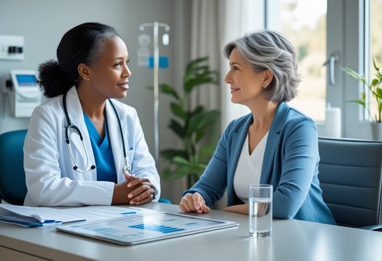 v2-10v8po-87y3r - Preventive Medicine Daily A healthcare professional talks supportively with a middle-aged patient in a bright, modern clinic room.