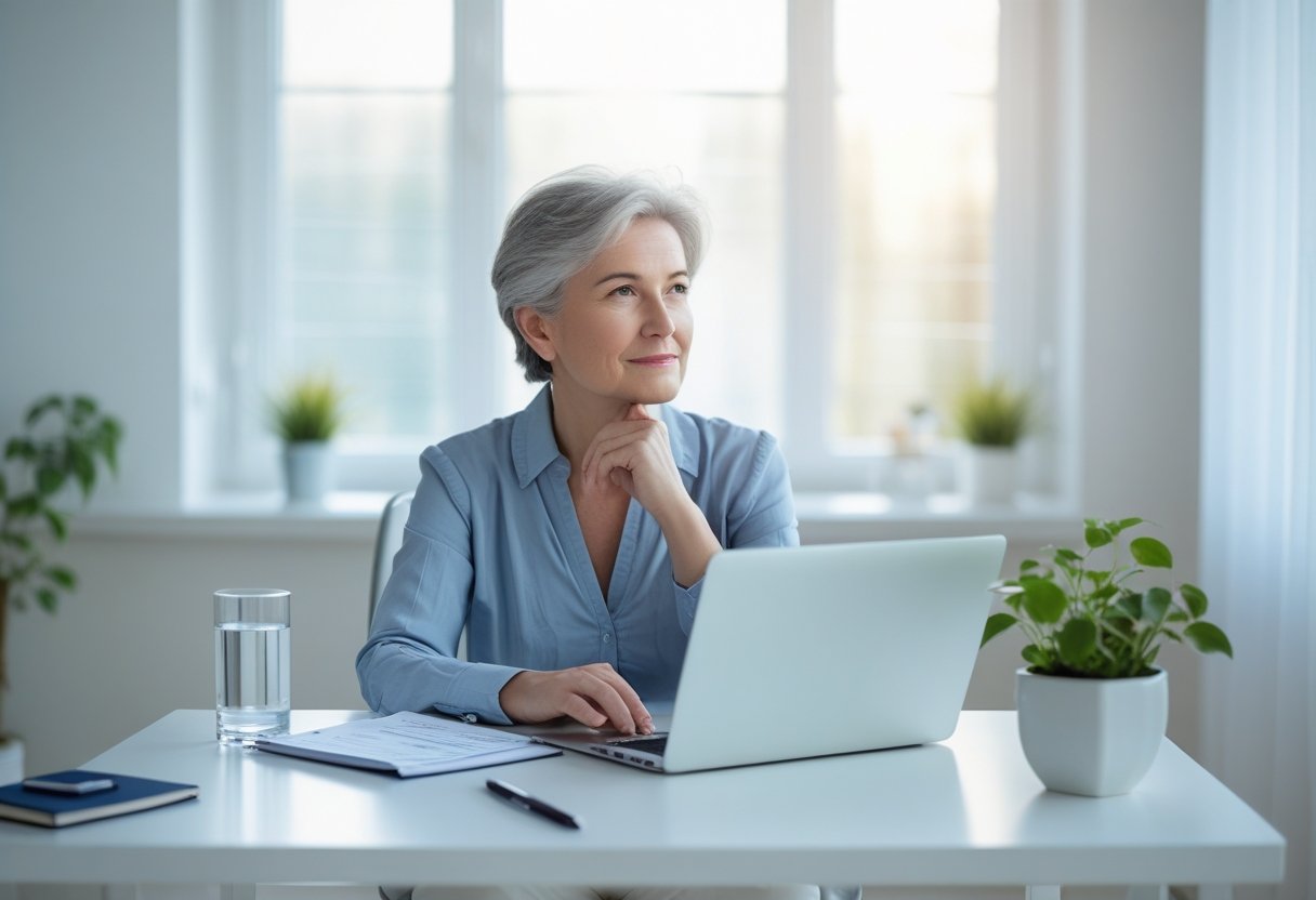 v2-10v8q9-z49jh - Preventive Medicine Daily A middle-aged person sitting at a desk, looking thoughtfully at a laptop with medical charts, surrounded by a glass of water, notebook, and a small plant.
