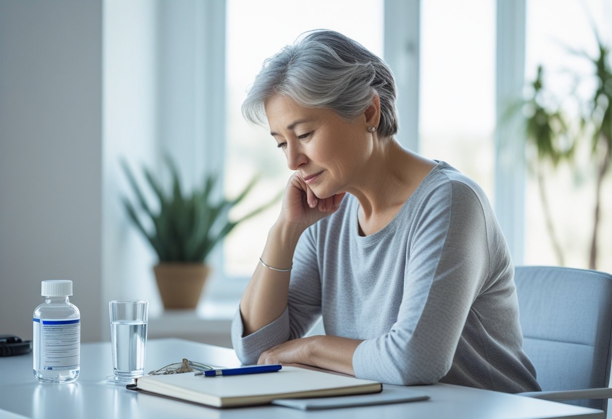 v2-10v8qs-5ltqv - Preventive Medicine Daily A person sitting thoughtfully at a desk with medical items, reflecting on their health journey.