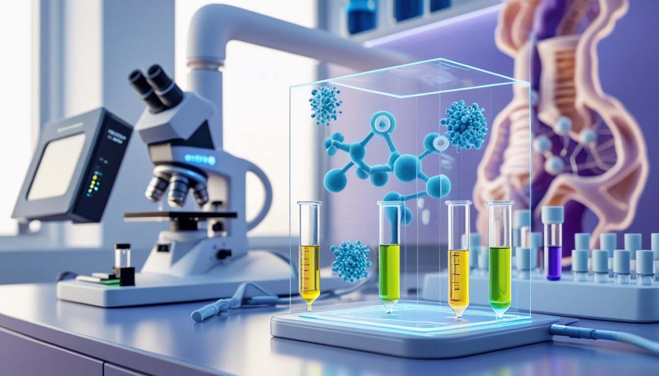 v2-10v8zh-ynrq5 - Preventive Medicine Daily A 3D rendered medical lab scene showing hormone testing equipment, test tubes, a microscope, and holographic displays of hormone molecules with anatomical models of the female reproductive system in the background.
