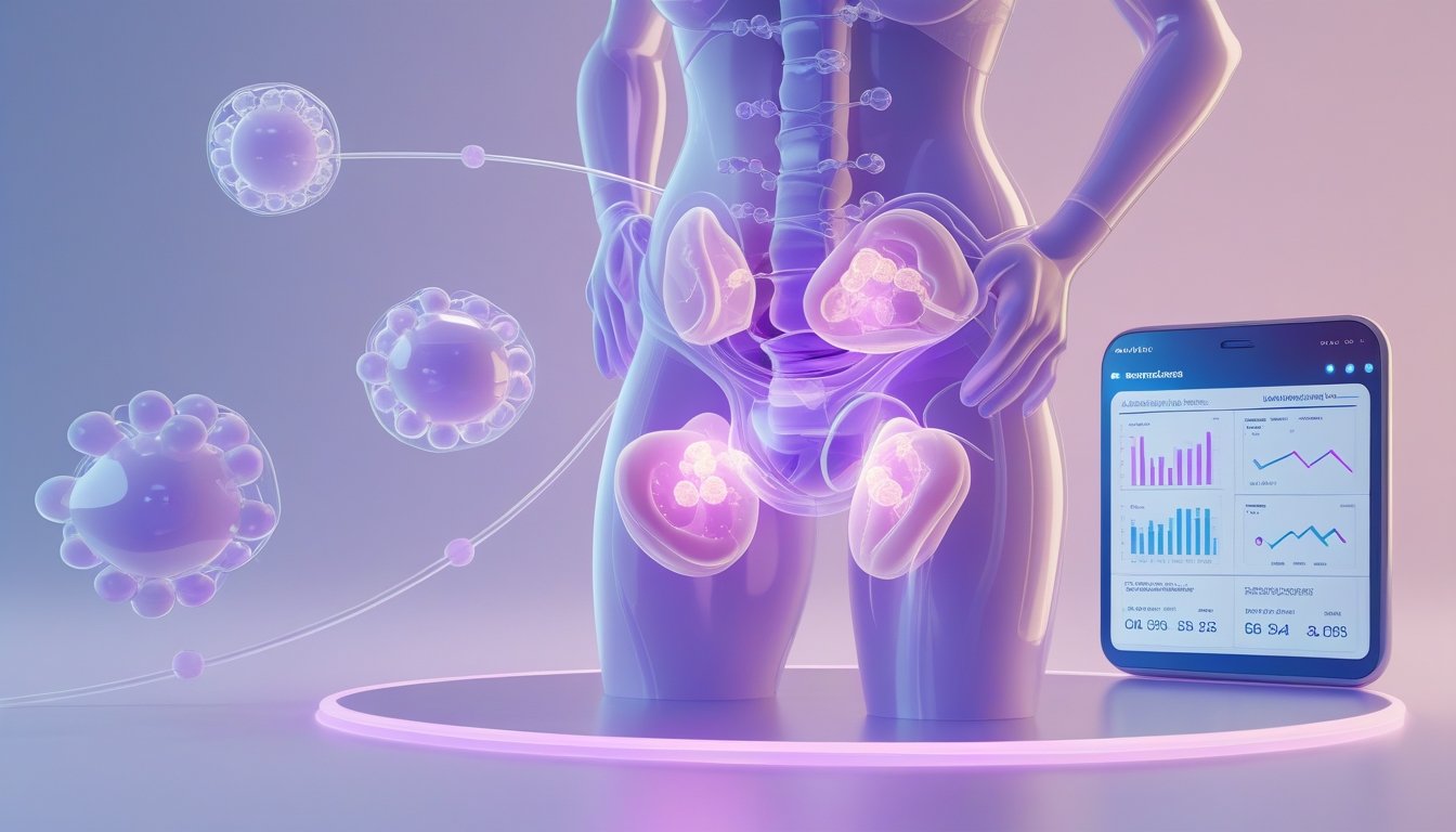 v2-10v8zz-cn6vc - Preventive Medicine Daily A translucent female figure showing the reproductive organs and hormone molecules floating nearby, alongside a digital interface displaying hormone test results.