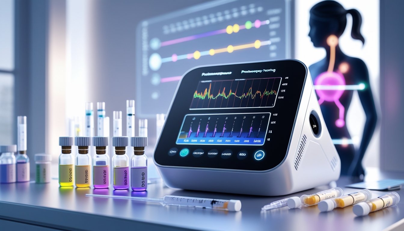v2-10v90q-yxjpp - Preventive Medicine Daily A 3D rendered medical lab scene showing a hormone testing device, hormone vials, and a female figure with highlighted endocrine glands representing hormone changes during perimenopause.