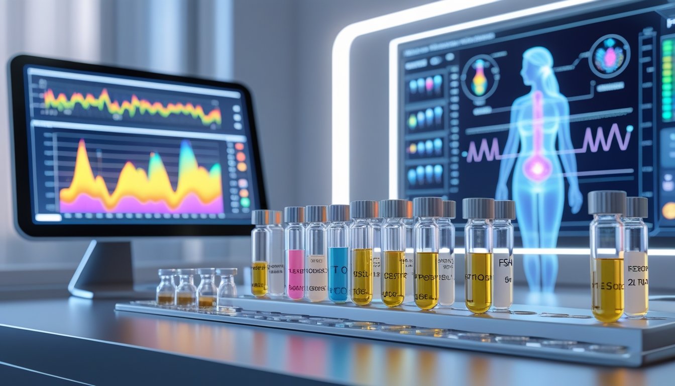 v2-10v929-oiqt9 - Preventive Medicine Daily A 3D rendering of a laboratory workstation with hormone test tubes, digital charts, and a holographic female body highlighting reproductive systems.