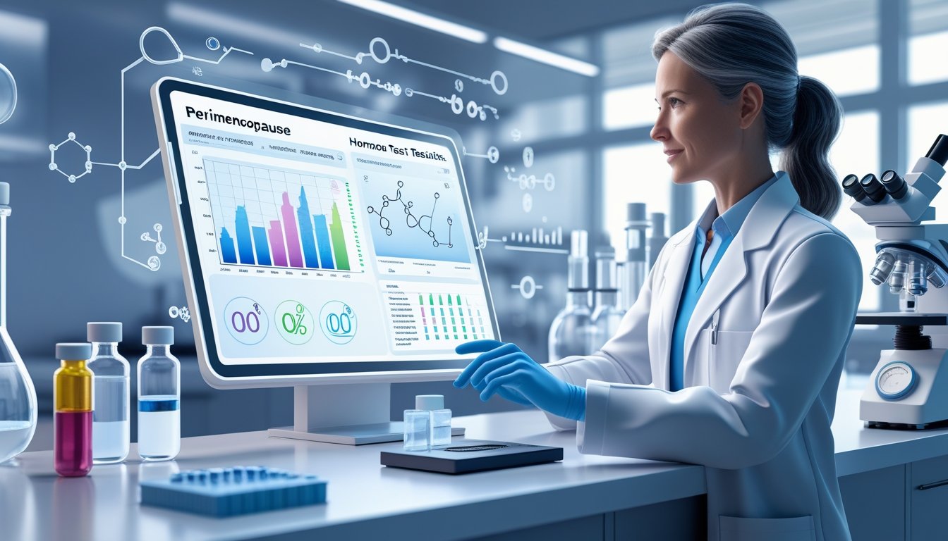 v2-10v930-sgvcg - Preventive Medicine Daily A female healthcare professional analyzing lab data on a touchscreen in a modern medical lab with blood samples and lab equipment nearby.
