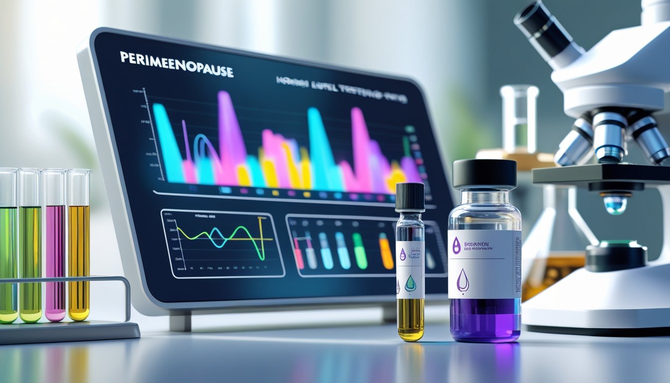 v2-10v93r-fi9qc - Preventive Medicine Daily A 3D rendered medical lab scene showing hormone test equipment and colorful hormone level graphs on a digital display.
