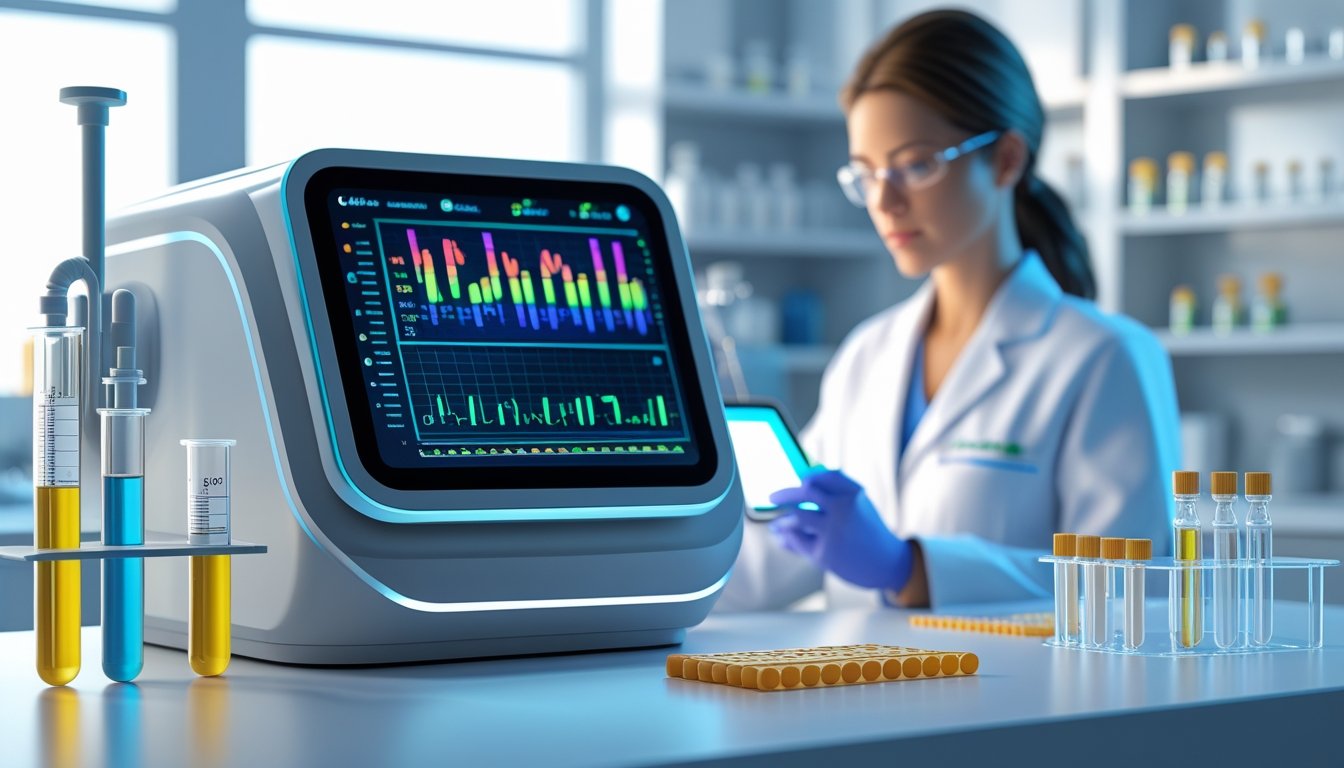 v2-10v94h-jppau - Preventive Medicine Daily A medical laboratory with a blood analysis machine, scientific tools, and a female healthcare professional reviewing data on a tablet.