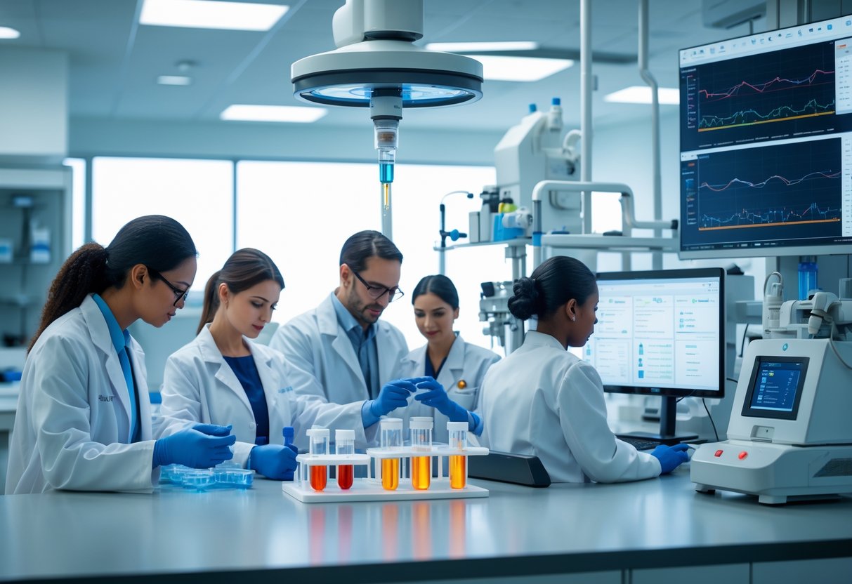 Healthcare professionals in a modern laboratory analyzing blood samples and advanced diagnostic equipment for toxin testing.