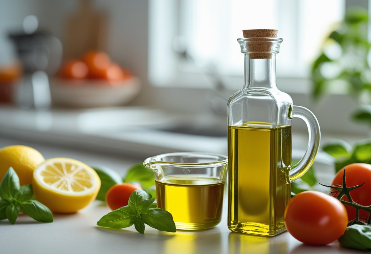 A glass bottle of olive oil next to a measuring cup filled with olive oil on a kitchen counter surrounded by fresh tomatoes, basil, and lemon slices.