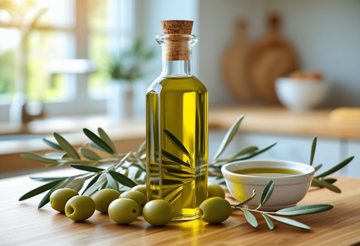 A bottle of olive oil on a wooden countertop surrounded by fresh olives and olive branches in a bright kitchen.