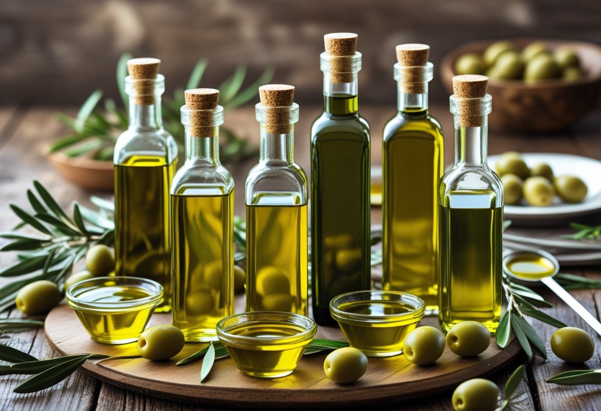 Various bottles of olive oil with fresh olives and olive branches arranged on a wooden table alongside small bowls of olive oil and a plate of Mediterranean food.