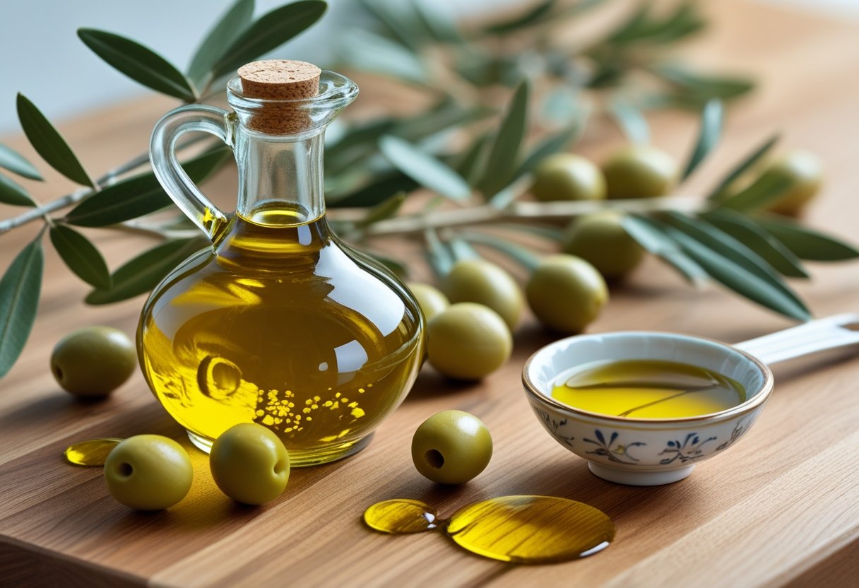 A bottle and bowl of olive oil on a wooden countertop surrounded by fresh olives and olive branches.