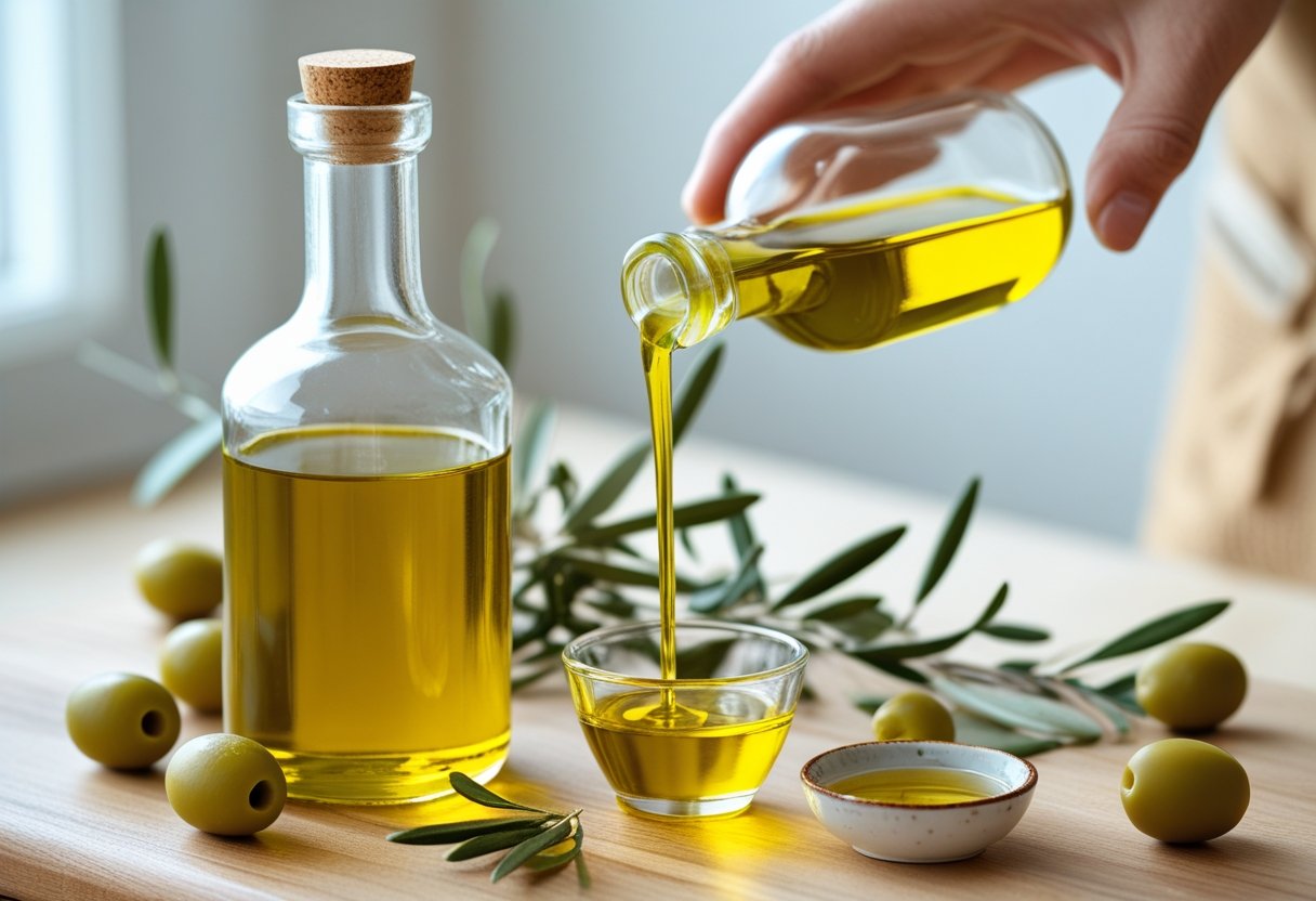 A kitchen countertop with a bottle of olive oil, a bowl of olive oil, fresh olives, and a hand pouring olive oil into a small glass.
