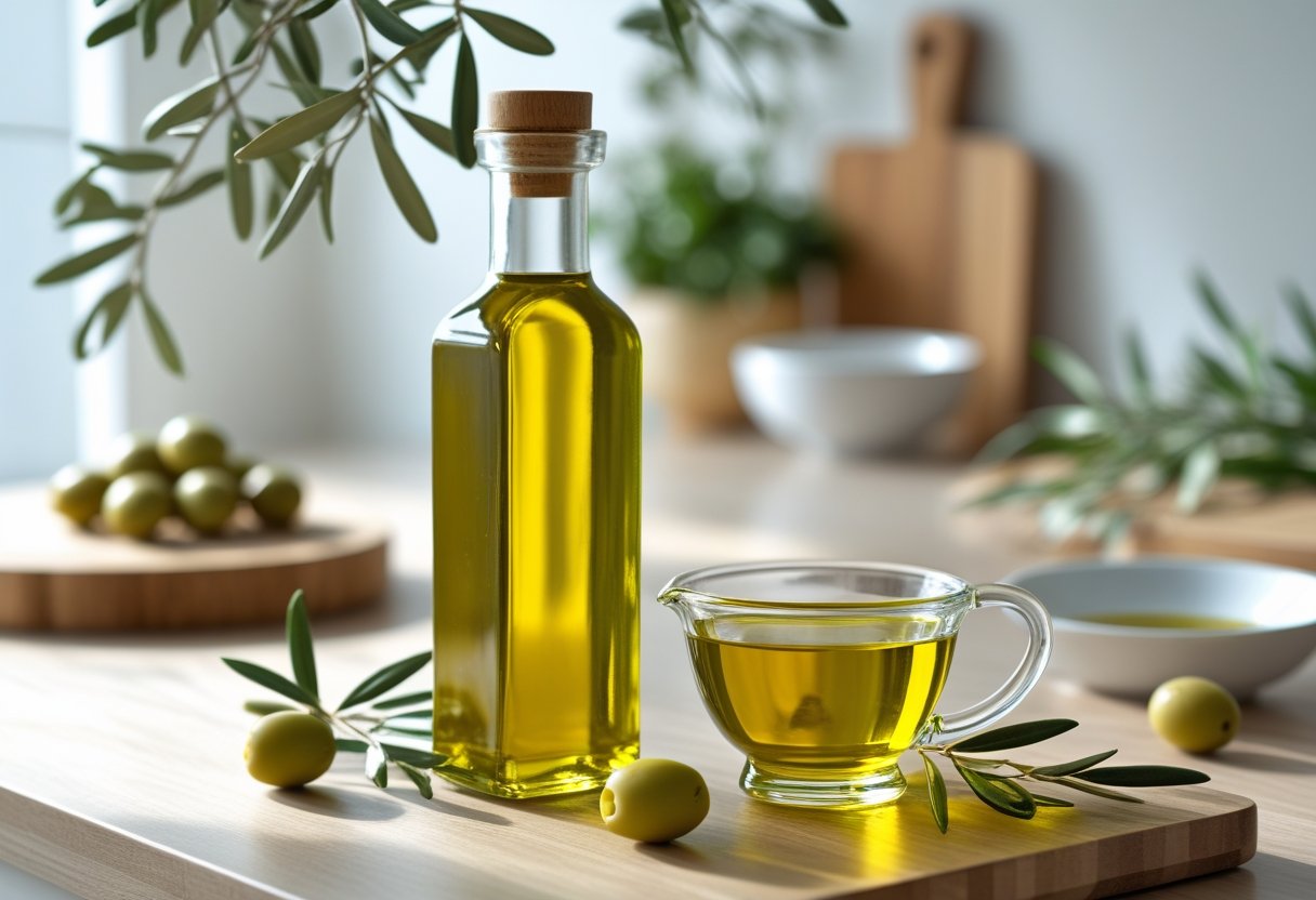 A glass bottle and a measuring cup of olive oil on a wooden countertop surrounded by fresh olives and olive branches in a kitchen setting.