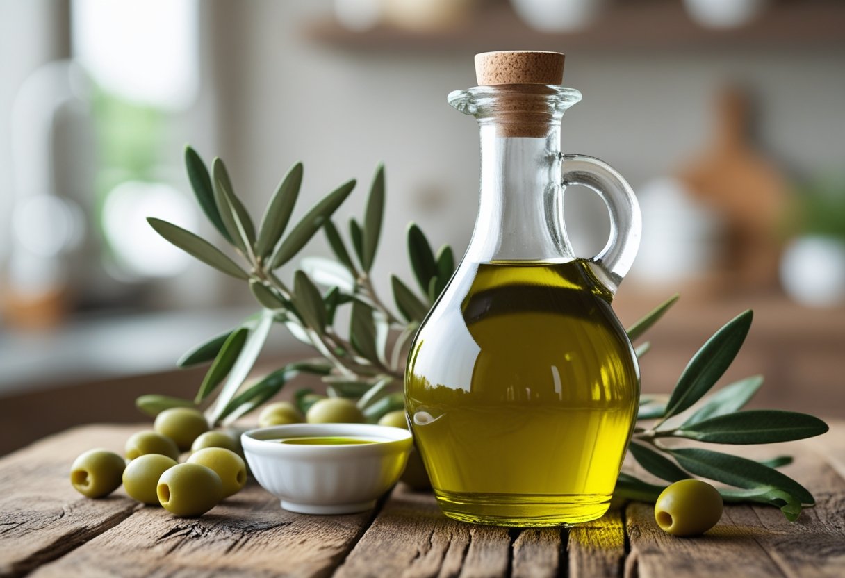 A bottle of olive oil on a wooden table surrounded by fresh olives and olive branches in a kitchen setting.