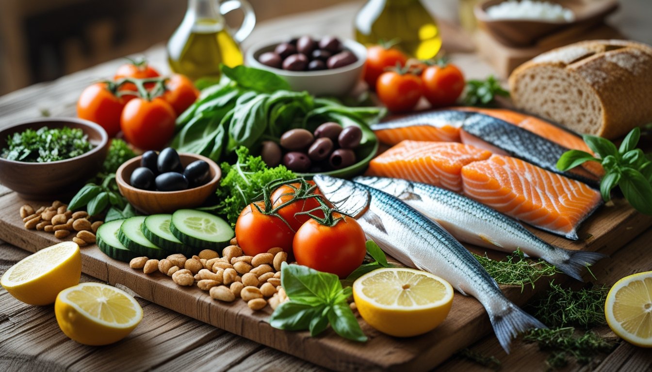 A colorful spread of fresh Mediterranean foods including vegetables, fish, nuts, and olive oil arranged on a wooden table.