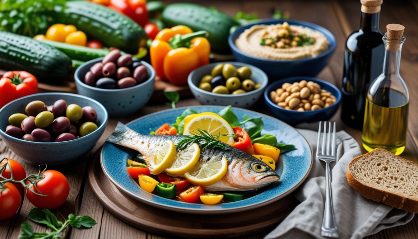 A table set with a variety of fresh Mediterranean foods including vegetables, grilled fish, olives, nuts, bread, olive oil, and a glass of red wine.