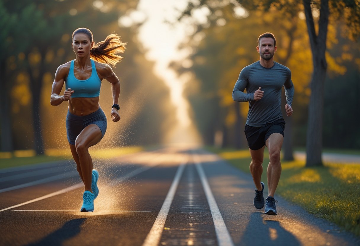 v2-11bljv-tht3f - Preventive Medicine Daily A woman sprinting intensely on a running track while a man jogs steadily on a nearby tree-lined path, both exercising outdoors in natural sunlight.