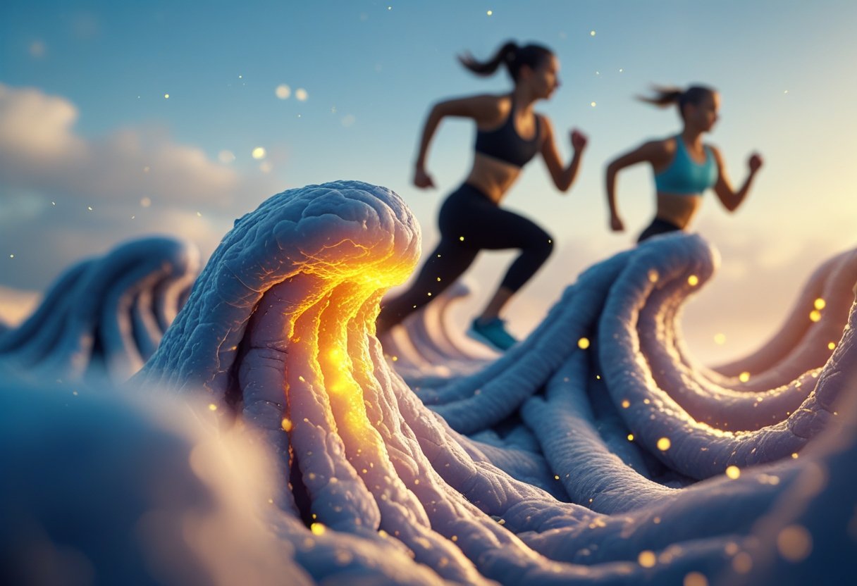 v2-11blki-ddxfy - Preventive Medicine Daily Close-up of glowing telomeres on human chromosomes with two athletes in the background, one sprinting and one jogging.