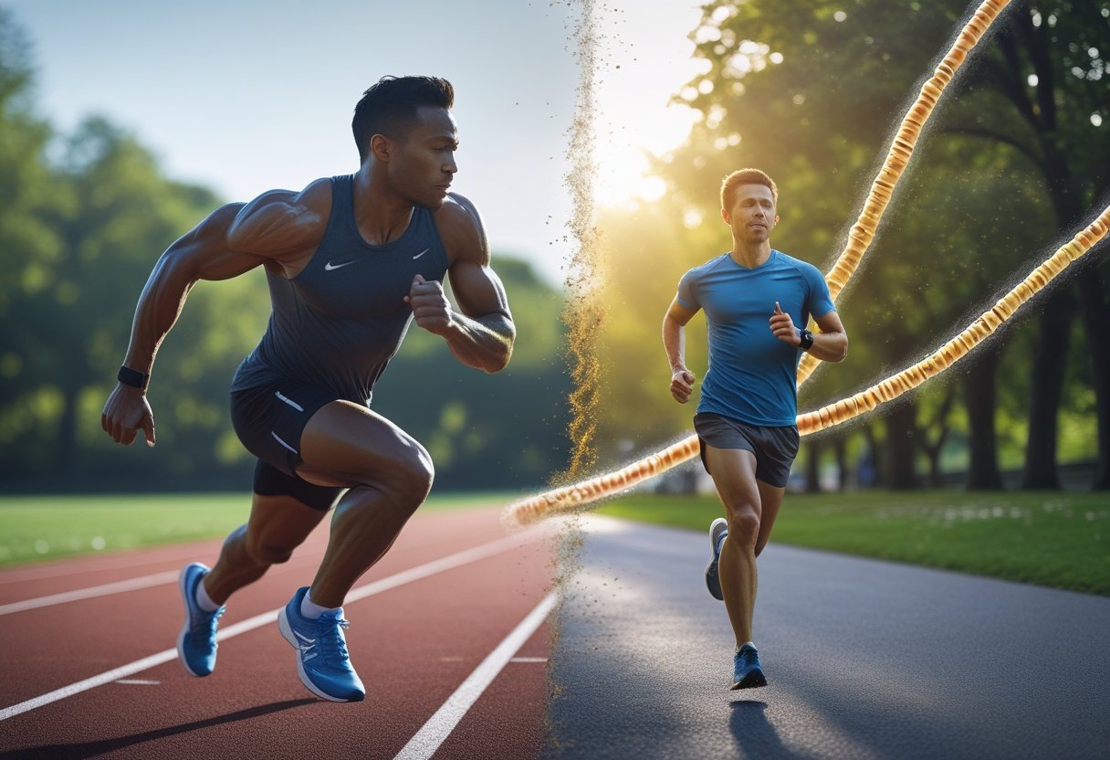 v2-11blm8-65ltj - Preventive Medicine Daily Two athletes exercising outdoors: one sprinting intensely and the other jogging steadily, with a subtle background of glowing DNA strands symbolizing cellular health.