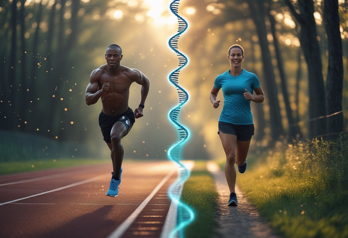 v2-11blok-mfjgh - Preventive Medicine Daily Two athletes exercising side by side outdoors, one sprinting intensely on a track and the other jogging calmly through a forest path, with subtle glowing DNA strands in the background.