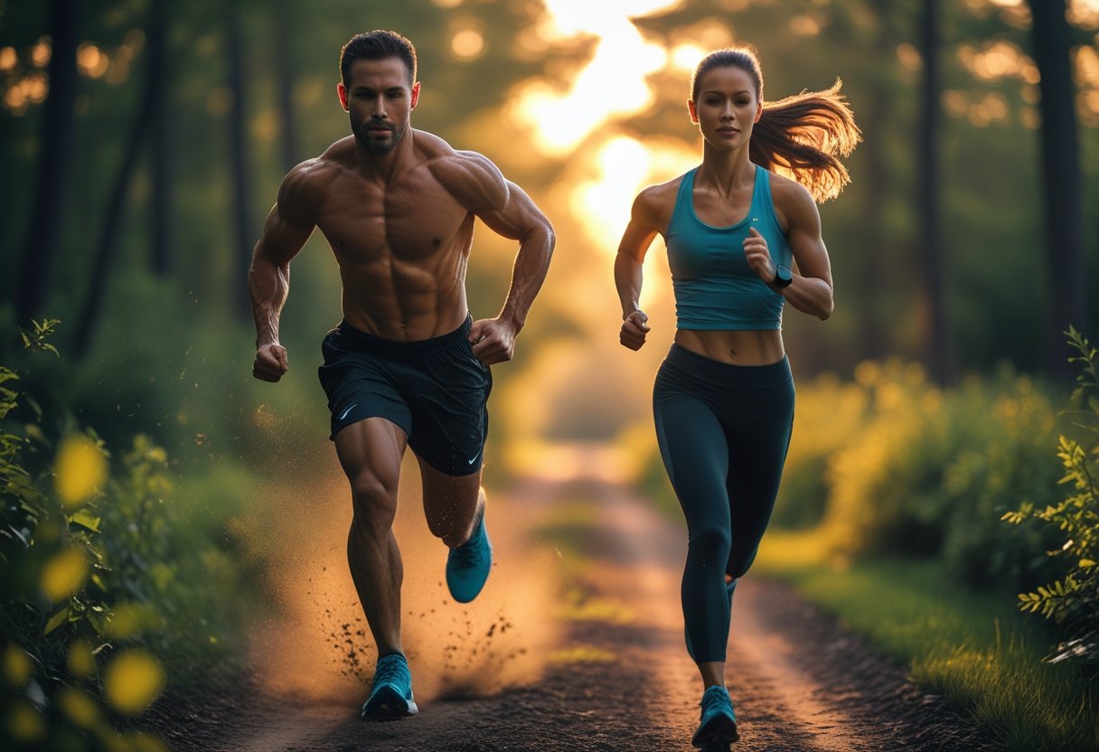 v2-11blpa-zbfwb - Preventive Medicine Daily A man sprinting intensely on a forest trail while a woman jogs steadily nearby, surrounded by lush greenery and warm sunlight.