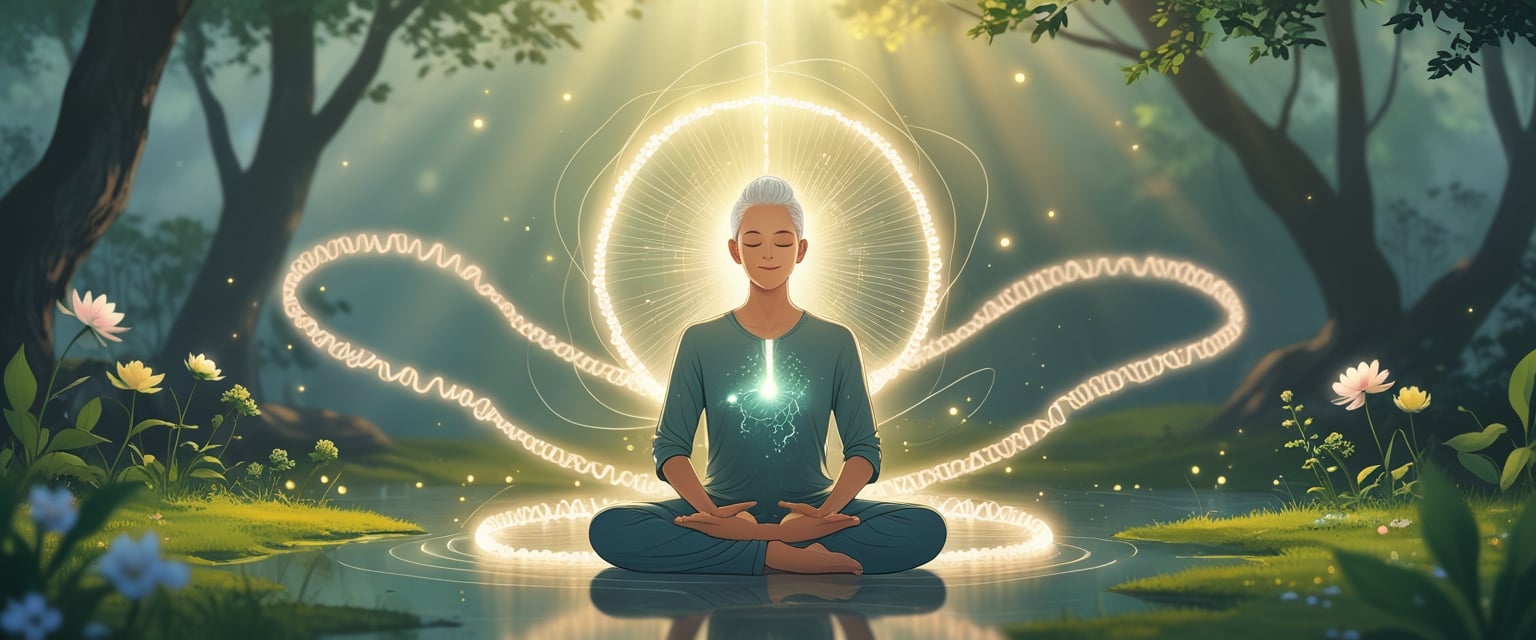 A person meditating peacefully outdoors surrounded by glowing DNA strands and natural elements symbolizing health and longevity.