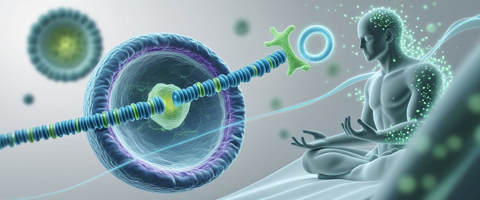 A close-up view of a human cell showing chromosomes with protective telomeres and an enzyme interacting with them, alongside a person meditating surrounded by calming light and energy waves.