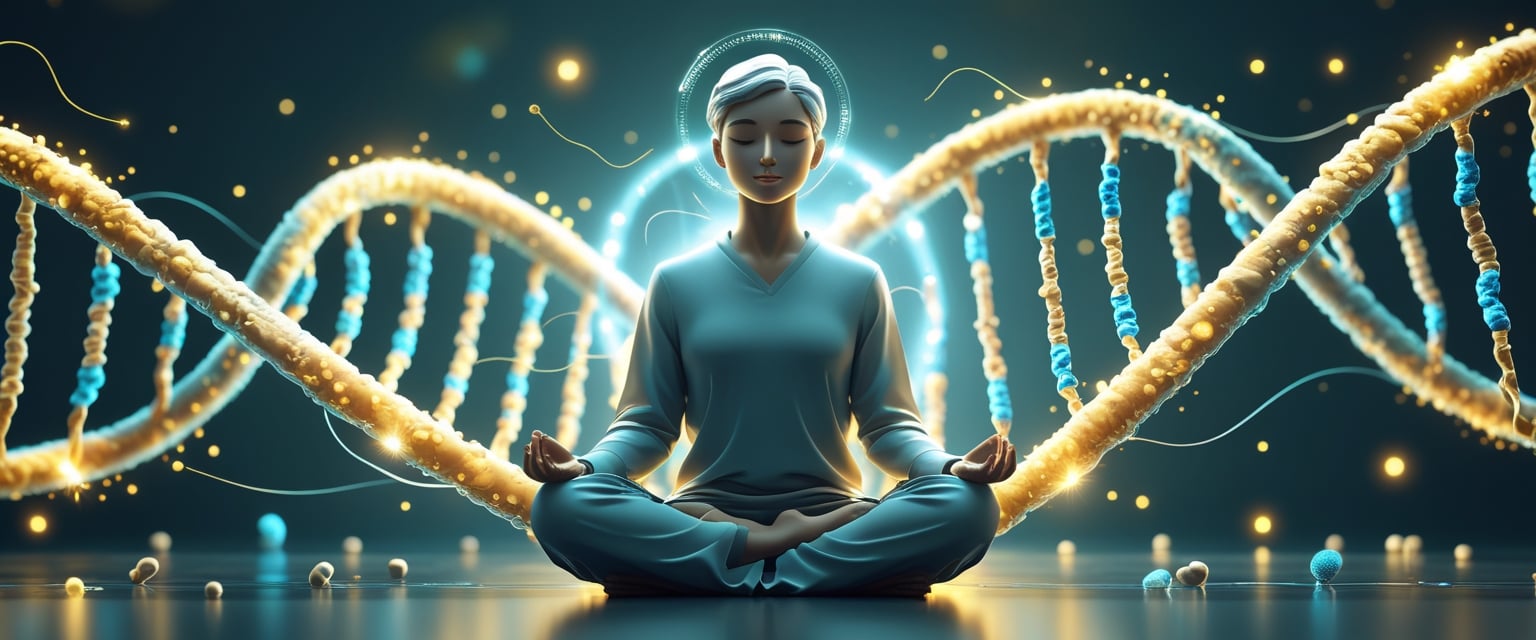 A person meditating with a glowing DNA strand behind them, surrounded by light particles representing energy and cellular activity.