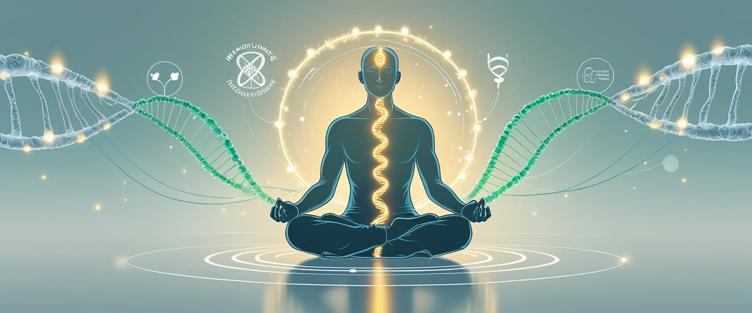 A person meditating surrounded by glowing DNA strands and symbols representing factors that influence mindfulness and telomerase activity.