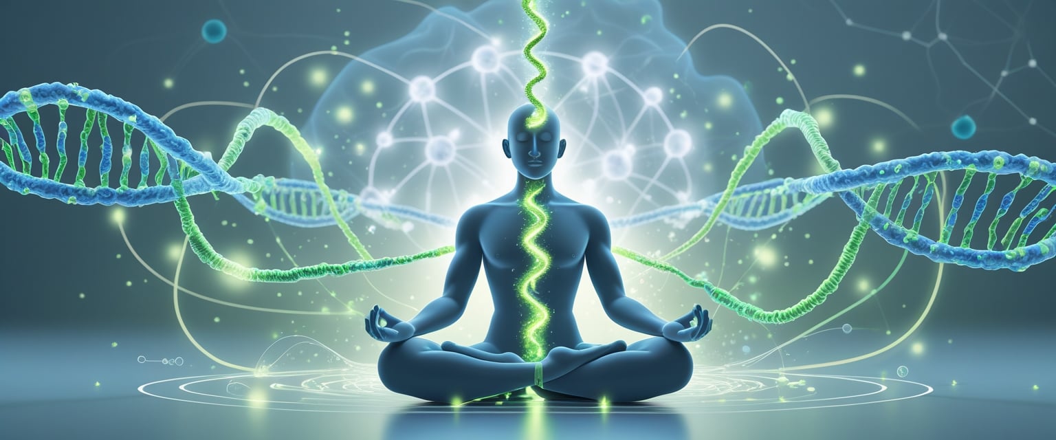 A person meditating surrounded by glowing DNA strands and cells, symbolizing mindfulness techniques boosting cellular health.