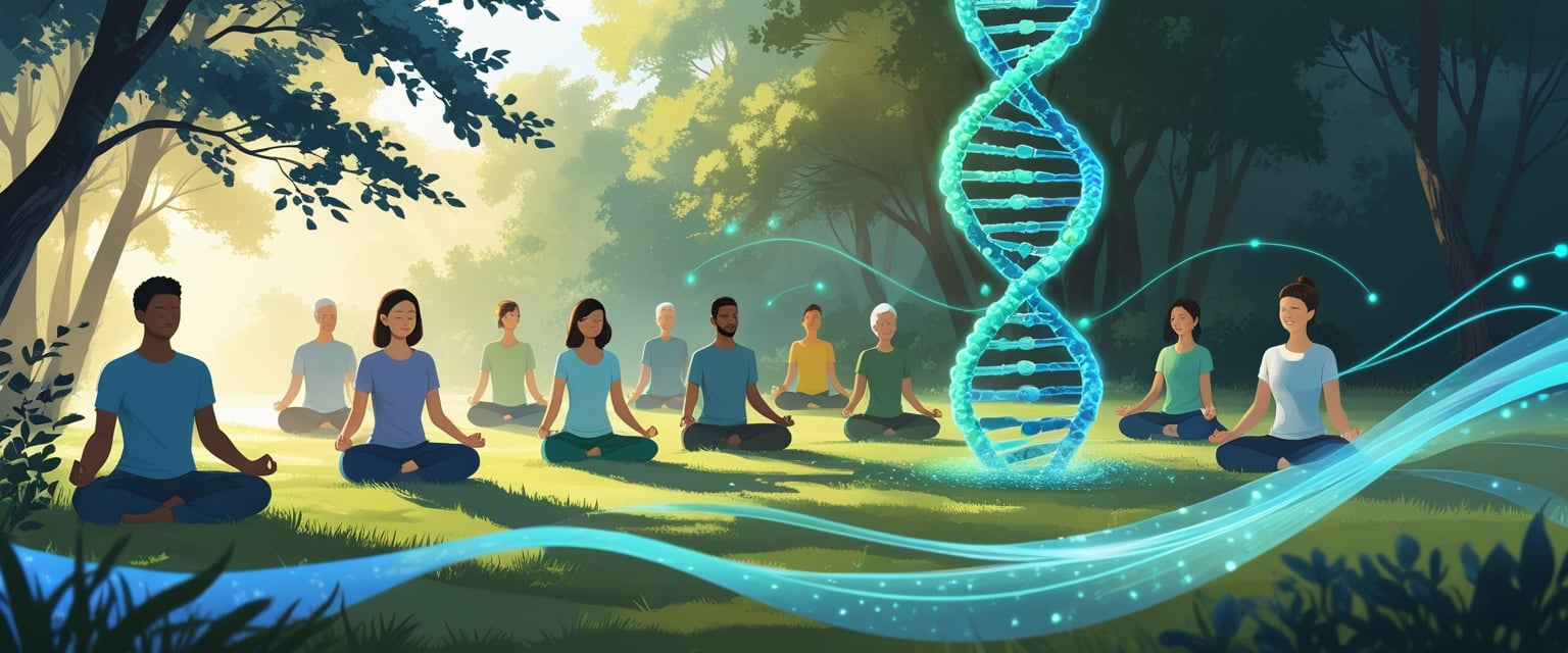 A group of people meditating outdoors near a glowing DNA strand symbolizing cellular health and mindfulness.