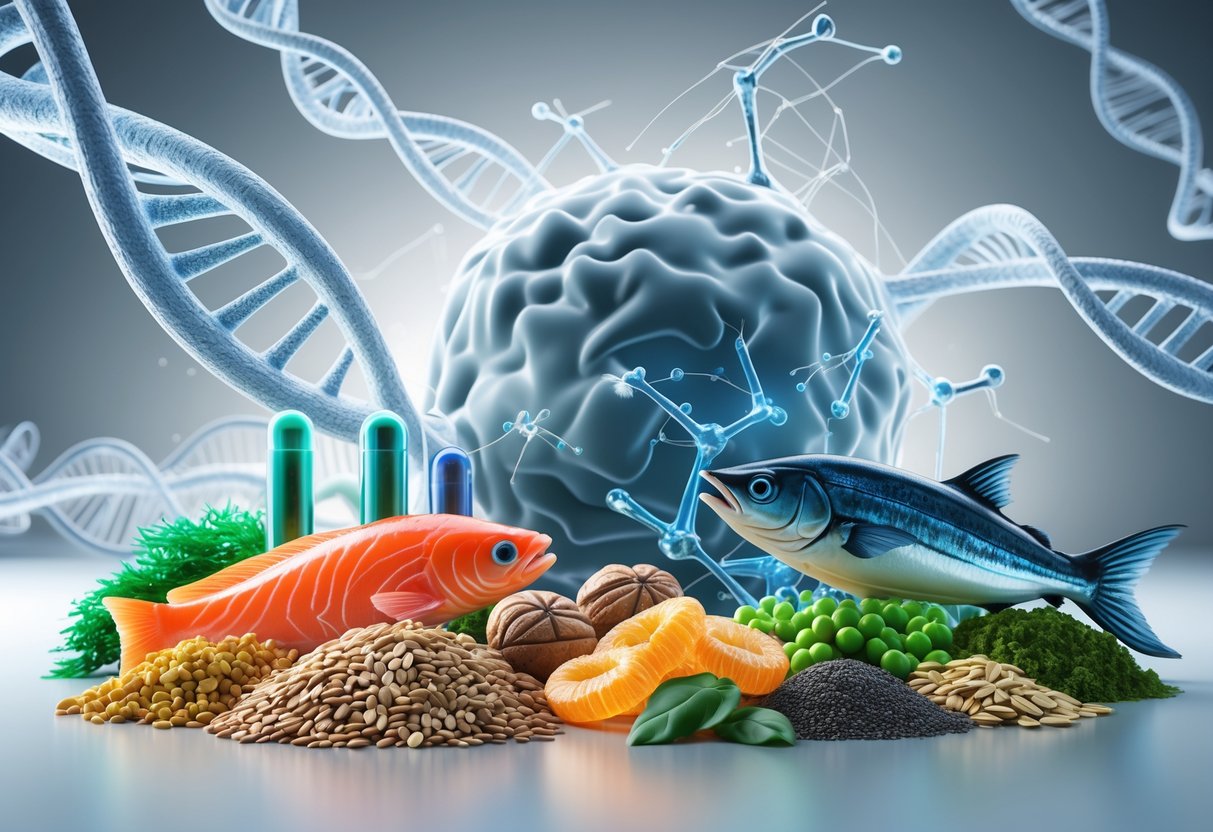 v2-11bp28-l23qr - Preventive Medicine Daily A 3D scene showing omega-3 rich foods like fish, seeds, and nuts next to glowing supplement capsules, with a human cell and molecular structures in the background representing cellular health.