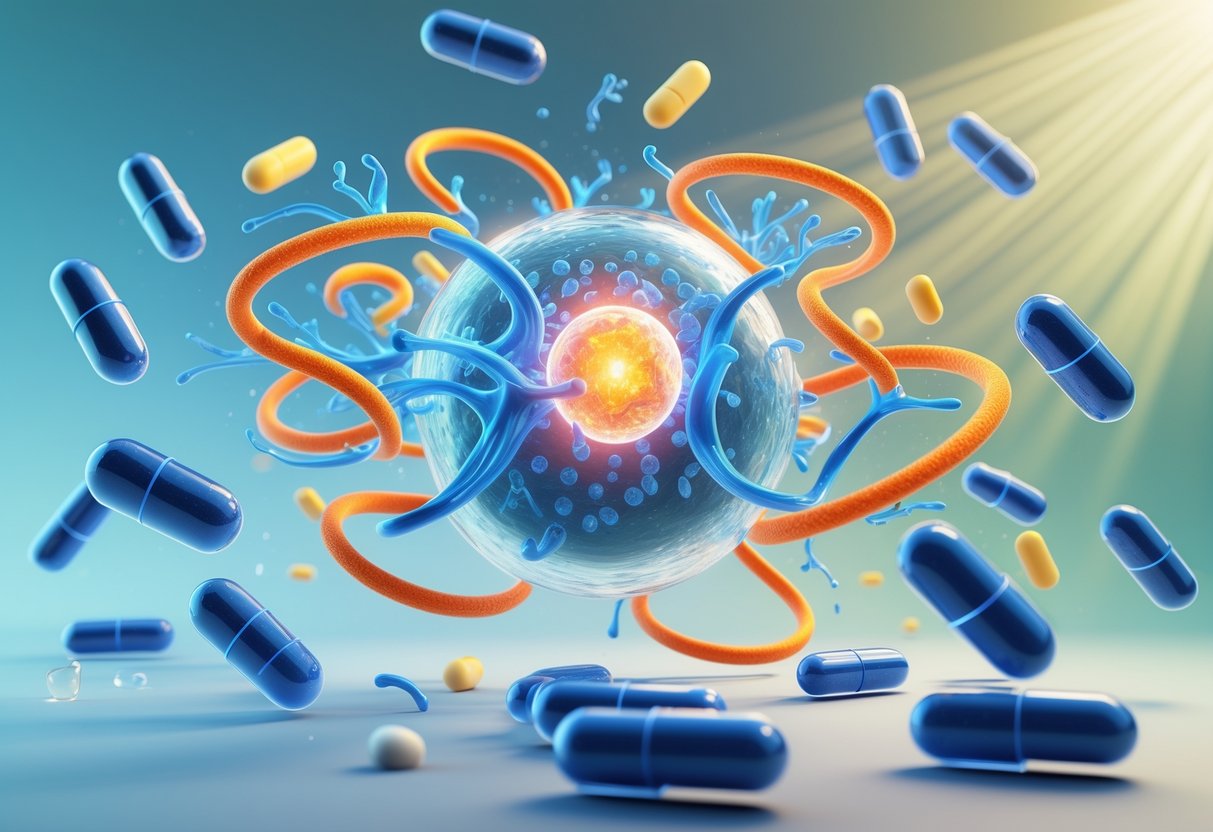 v2-11bp37-yhwqd - Preventive Medicine Daily A 3D rendering of a human cell surrounded by omega-3 molecules and supplement capsules, illustrating the interaction between supplements and cellular health.