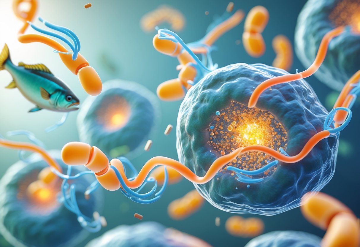 v2-11bp5h-999or - Preventive Medicine Daily Close-up 3D view of human cells interacting with omega-3 molecules, surrounded by representations of fish, flaxseeds, and supplement capsules, symbolizing health and disease prevention.