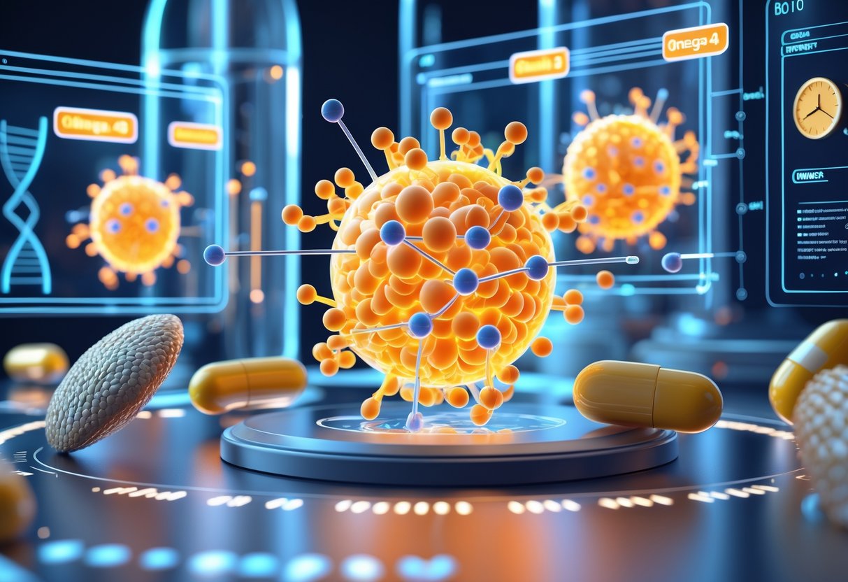 v2-11bp6t-8qdfn - Preventive Medicine Daily A 3D scene showing a human cell with omega-3 molecules integrating into its membrane, surrounded by models of fish, flaxseeds, and supplement capsules connected by glowing lines, set in a futuristic lab with digital molecular displays.