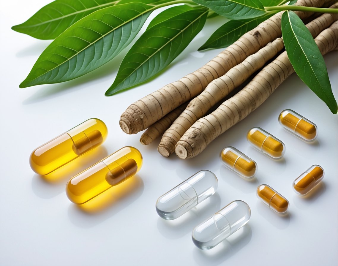 Close-up of Astragalus membranaceus roots and leaves with capsules and molecular structures representing active compounds on a white background.