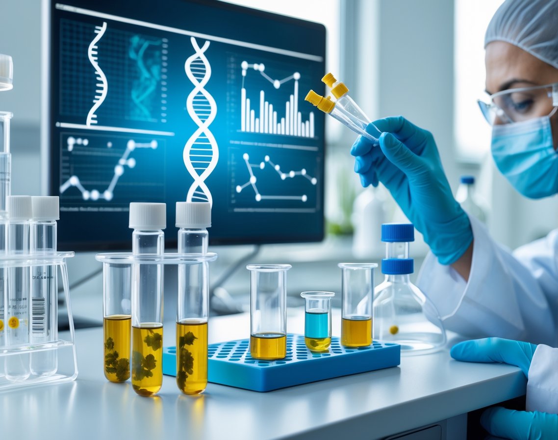 A scientist in a lab coat examines test tubes and molecular models in a modern laboratory focused on plant extracts and genetic research.