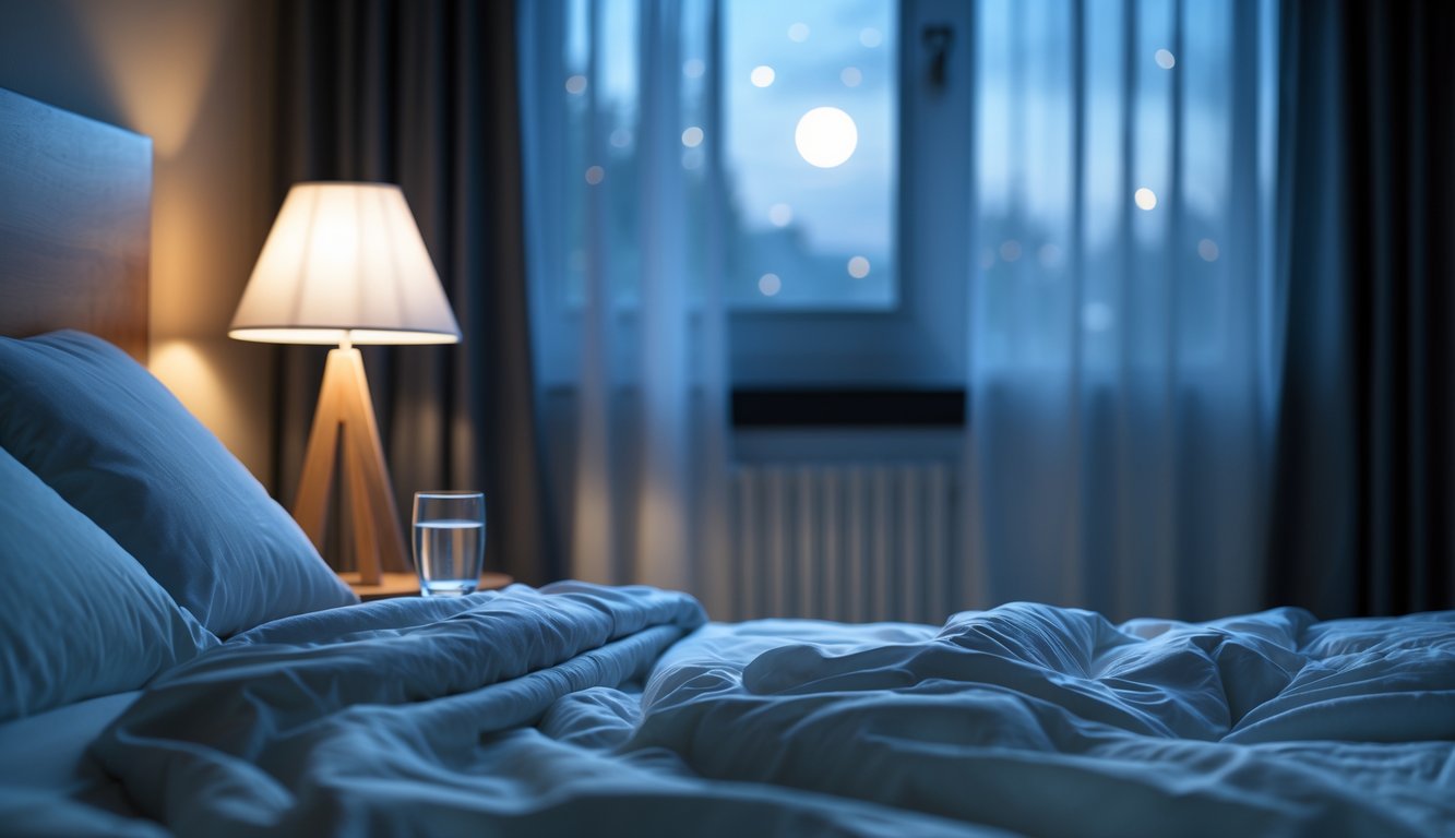 A calm bedroom at night with a neatly made bed, a wooden alarm clock, a glass of water on a bedside table, and moonlight shining through a window with sheer curtains.