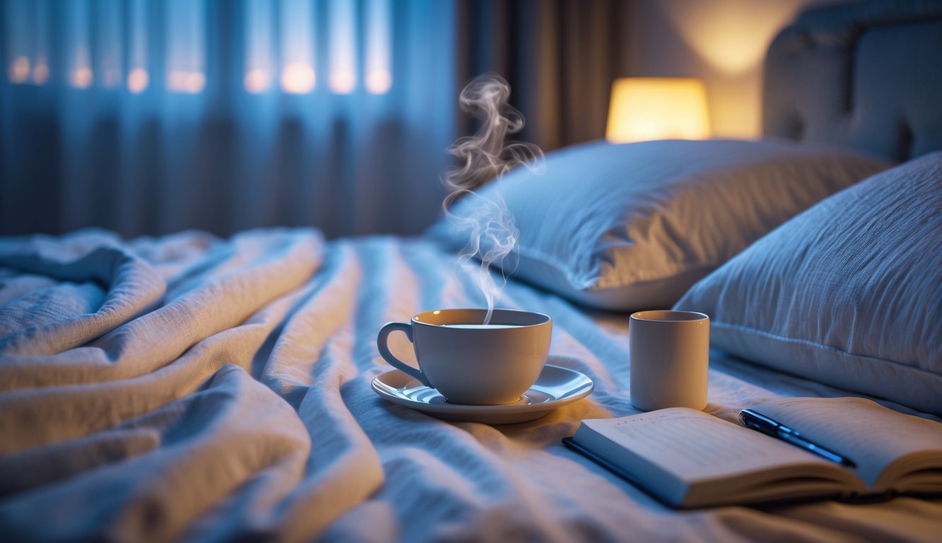 A cozy bedroom at night with a neatly made bed, a steaming cup of tea on a bedside table, and an open notebook, softly lit by a bedside lamp and moonlight through a window.