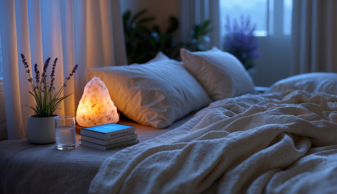 A peaceful bedroom at night with a bedside table holding a glass of water, a salt lamp, books, and a potted lavender plant, softly lit by warm ambient light through curtains.