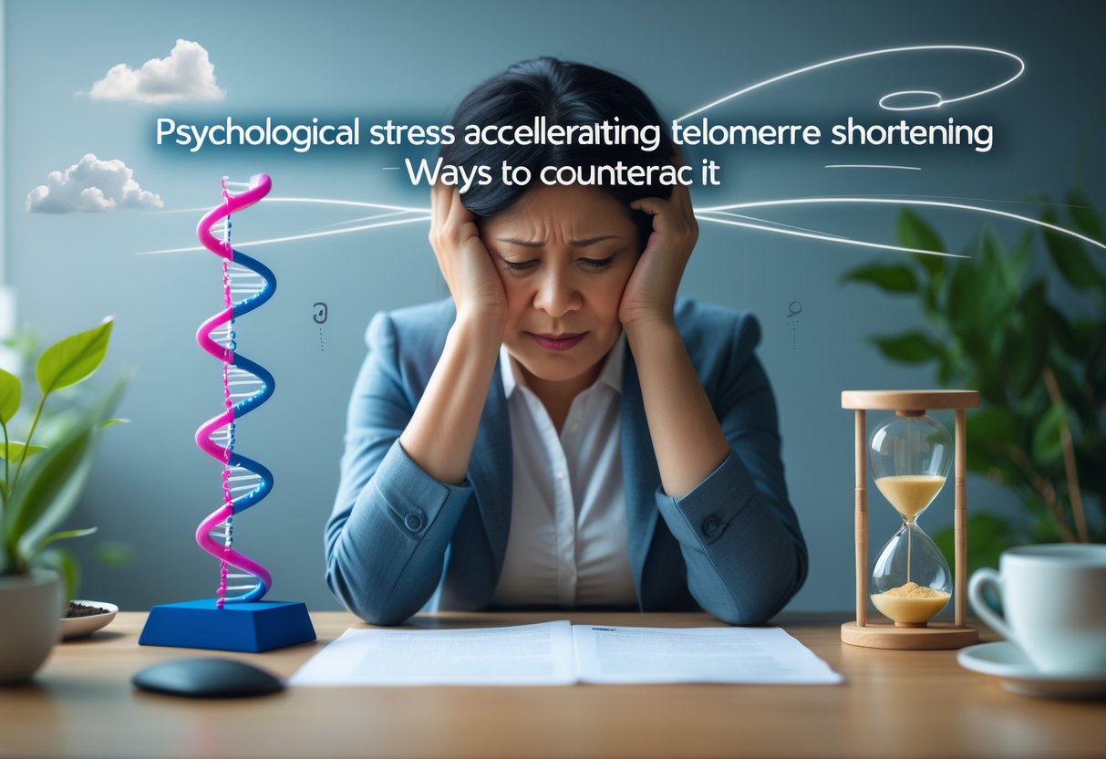 A person sitting at a desk looking stressed with a DNA model showing telomeres, surrounded by calming plants and a cup of tea.
