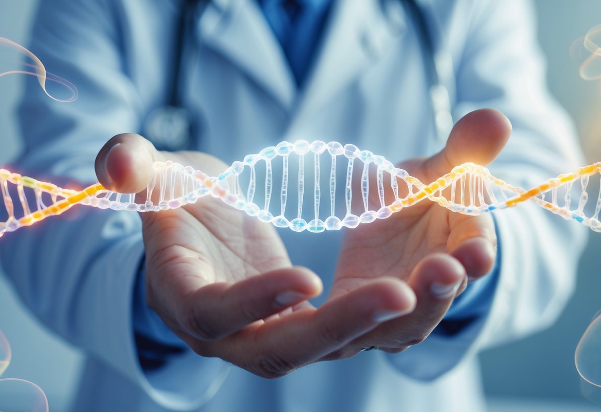 A close-up of a hand holding a glowing DNA strand with abstract colors representing stress and calm in the background.