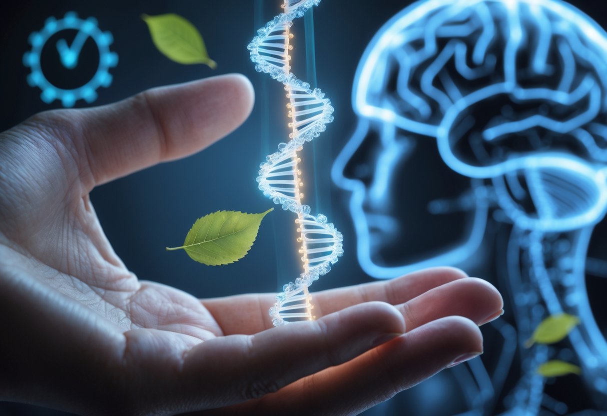 Close-up of a hand holding a glowing DNA strand with a blurred brain and fading leaf in the background symbolizing stress and aging.