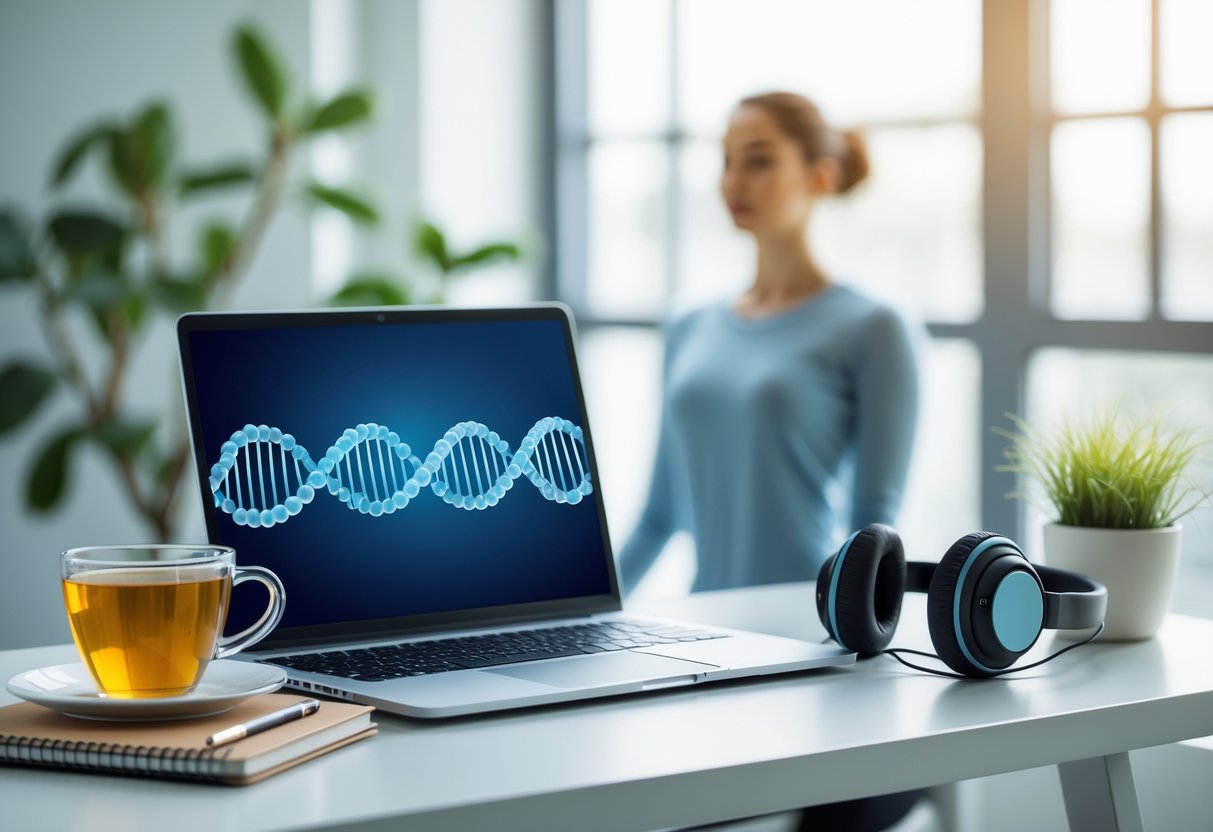 A calm workspace with a laptop showing a DNA graphic, a cup of tea, a plant, a journal, and a person meditating in the background.